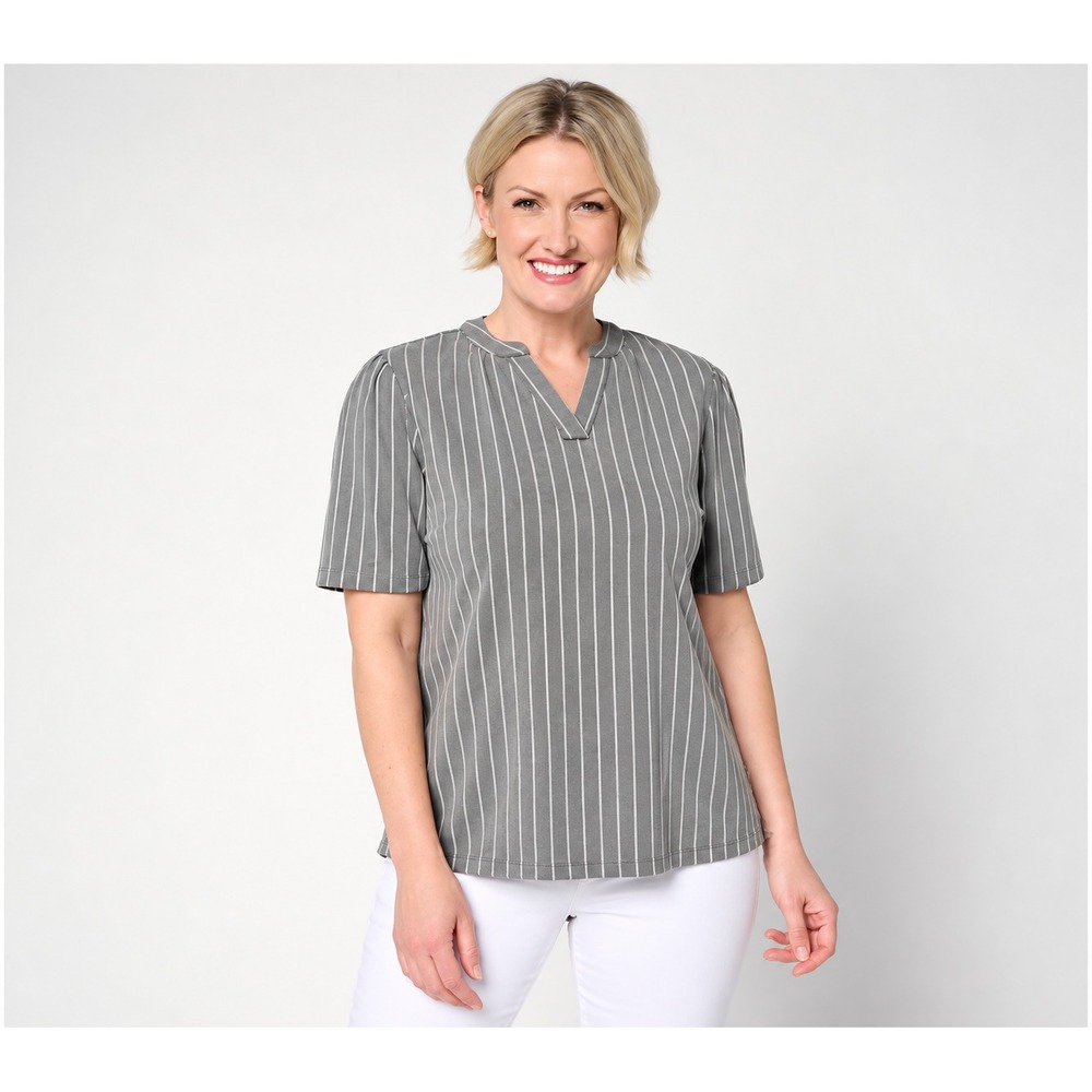 "As Is" Denim & Co. Comfy Knit Air Elbow Sleeve Split Neck Shirt Grey Wash, M
